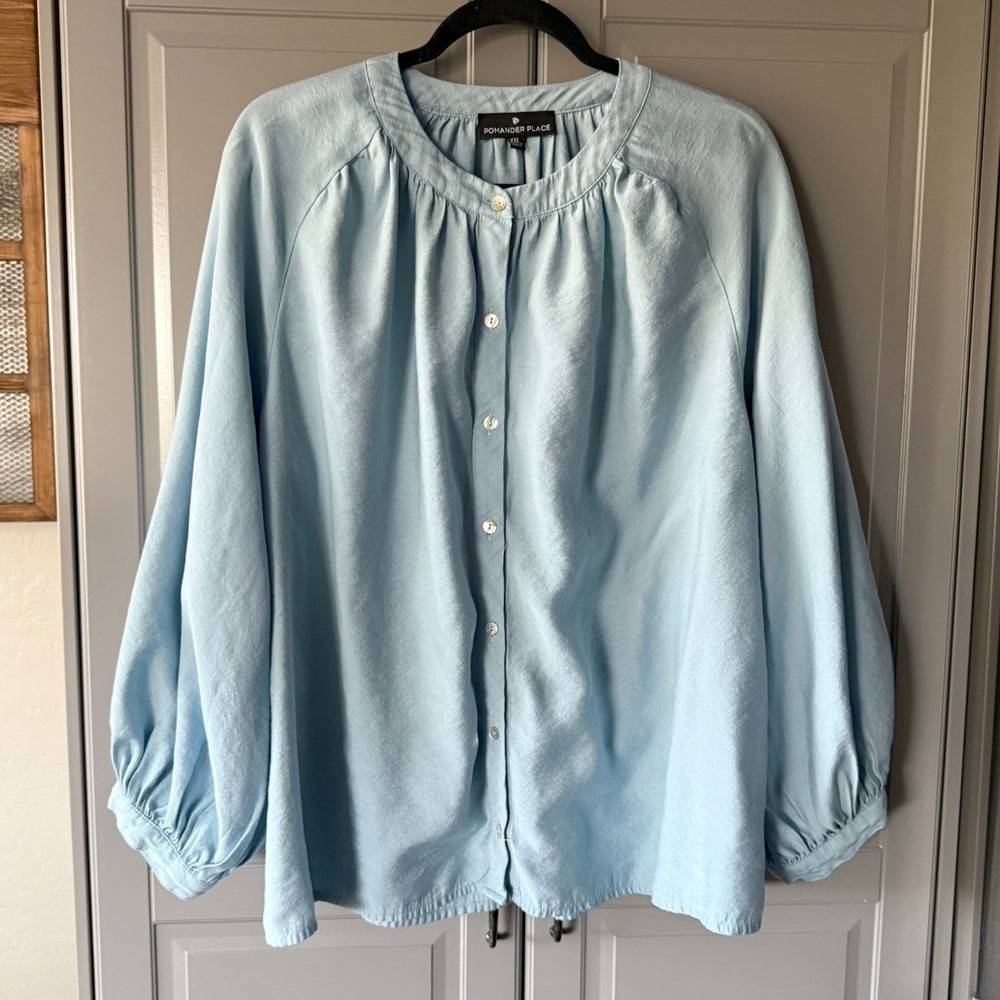 Pomander Place Light Blue Button-Front Blouse